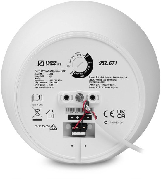 Power Dynamics Purity8W - Premium 2-weg hangluidspreker - Pendel speaker 100V - 8 Inch - Wit — afbeelding 2