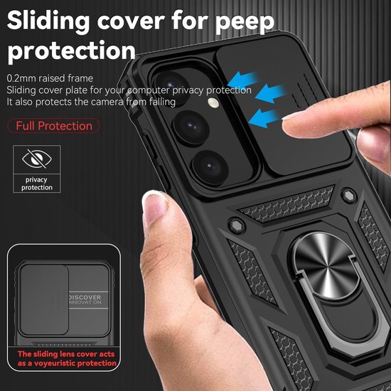 Coque de téléphone noire avec cache coulissant pour la confidentialité de l'appareil photo et support annulaire.