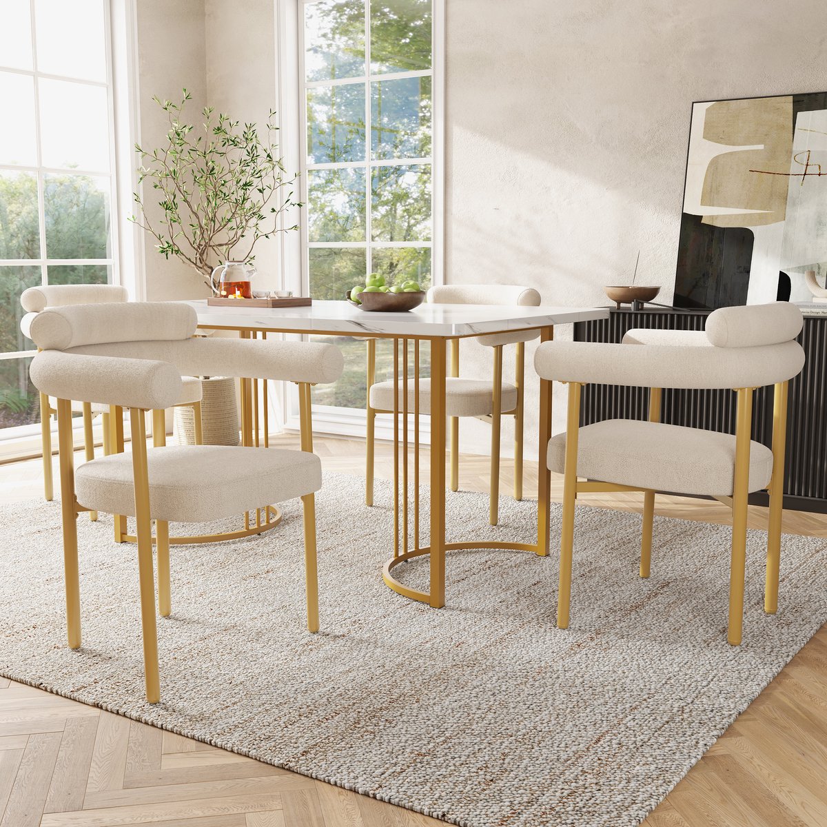 MODFU Eetkamerstoel set van 4, gestoffeerd in beige, metalen poten in goudkleur, modern