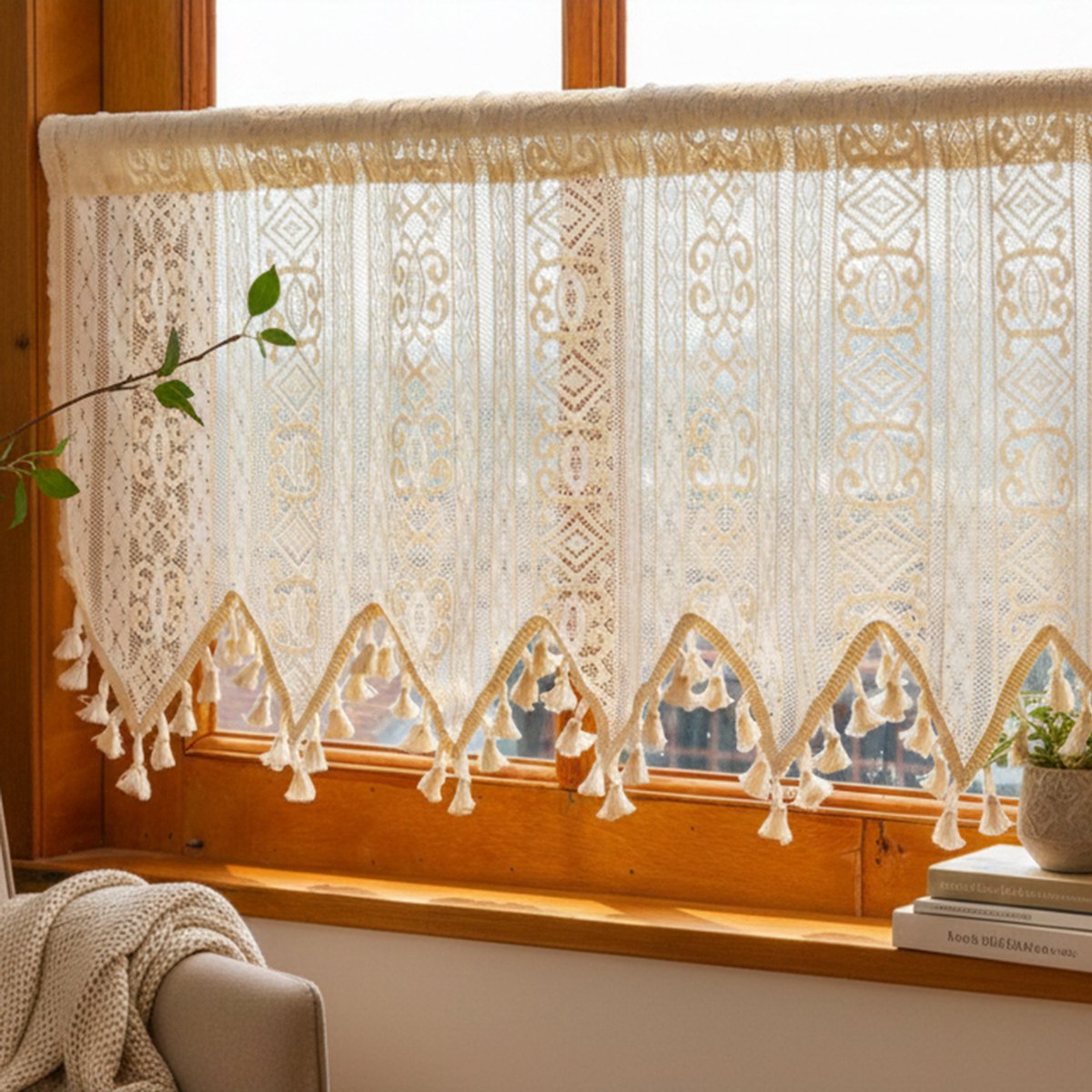 Qelus Valletje met Kwastjes - W-Vorm Bistrogordijn - Decoratief Puntgordijn - Linnenlook - Tunnelzoom - Boho Keuken Gordijn - Brise-bise à Glands - B132xH45cm
