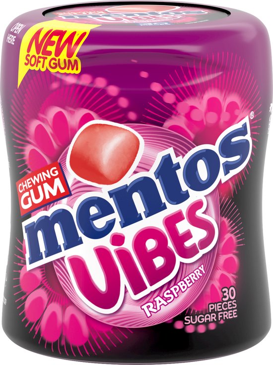 Mentos Vibes Raspberry kauwgom. Paarse verpakking met roze bloemenmotief en logo. 30 suikervrije stukjes.