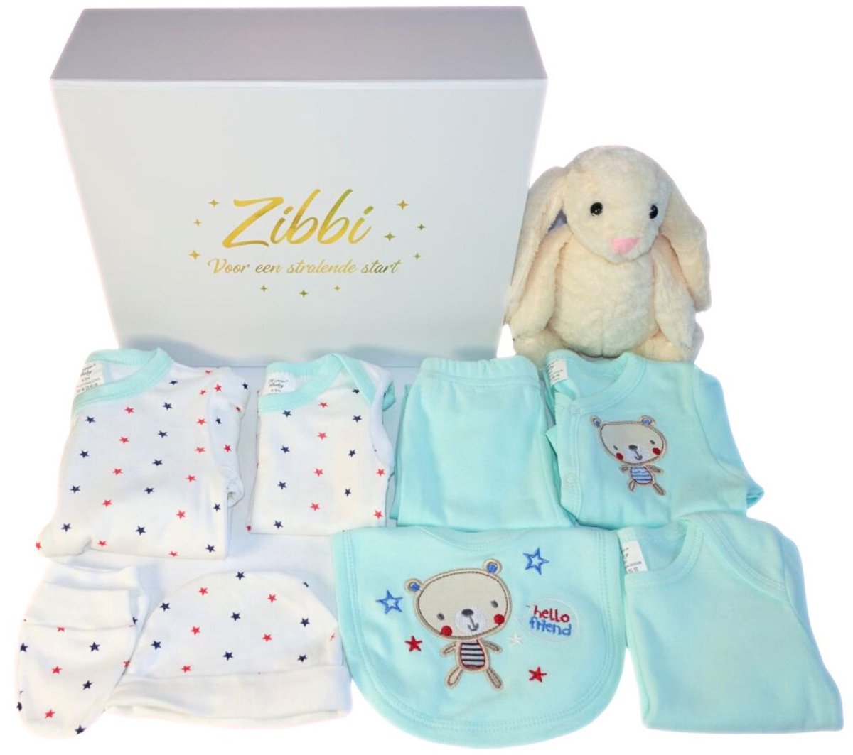 Zibbi Originals Babybox Olive – 9-delig Kraamcadeau & Babyshower – Unisex – 6-9 Maanden - Wit/Olijf groen – Magneet Geschenkdoos