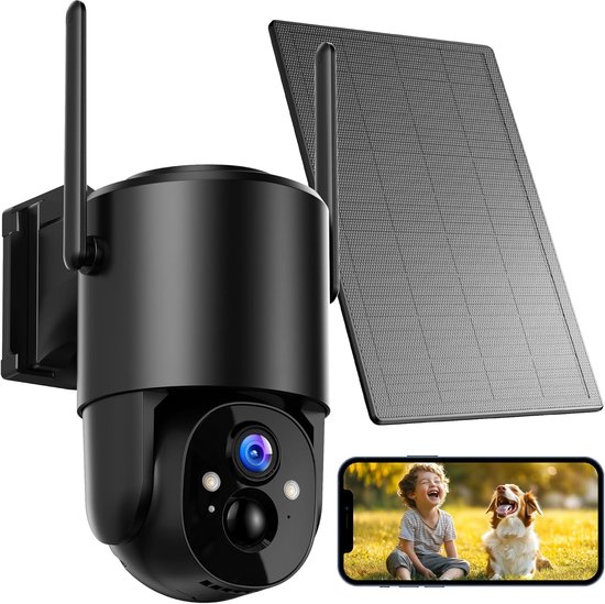 2K buitencamera met zonnepaneel en batterij: Draadloze buitencamera met wifi, 2.4G wifi-buitencamera op zonne-energie, zwart met kleurennachtzicht, PIR-bewegingsmelder en alarm. van Merkloos — afbeelding 2
