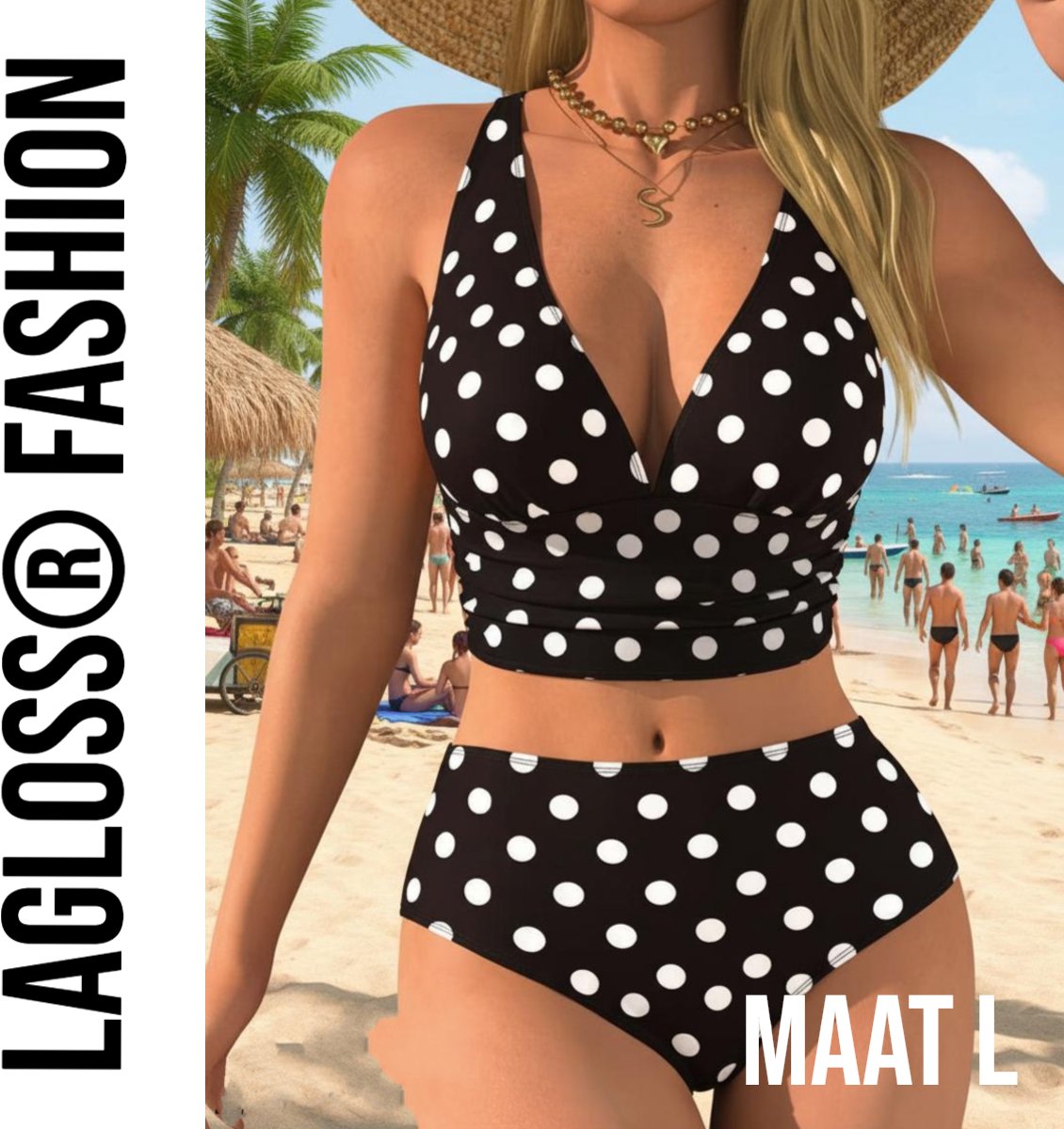 LaGloss® Zwart-Wit Stippen Bikini Set – Tweedelig Dames Badpak met Tijdloos Polkadot Design – Maat L