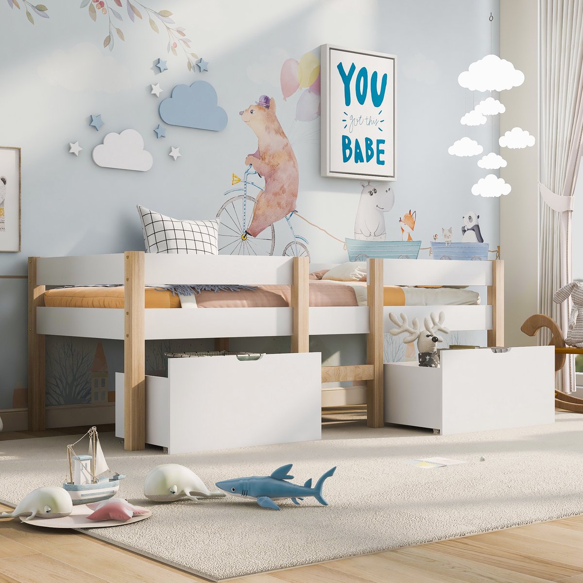 Wishdor Scandinavische Halfhoogslaper 90x200 cm - Kinderbed met 2 Verrijdbare Opberglades - Massief Hout - Wit/Naturel
