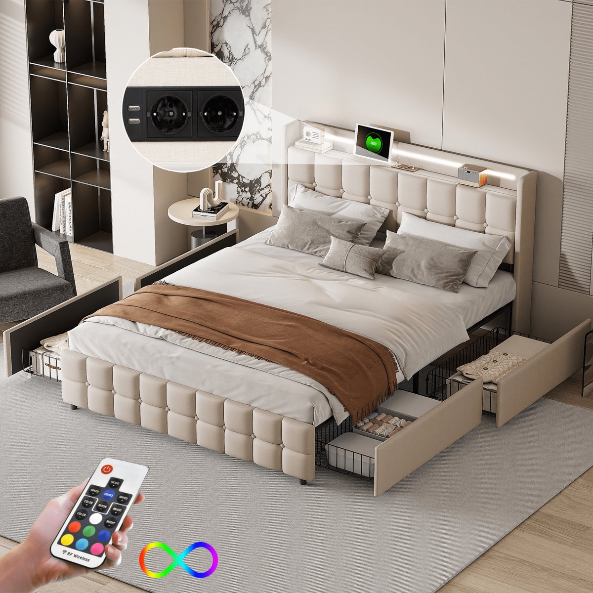 Gestoffeerd tweepersoonsbed 140 x 200 cm, opbergruimte met USB-oplader