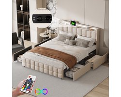 Gestoffeerd bed tweepersoonsbed 160x200 cm met LED-hoofdbord en USB-aansluiting, jeugdbed met lattenbodem en 4 laden opbergruimte, opbergbed, bedombouw, zonder matras, Linnen Beige