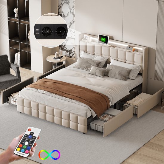 Gestoffeerd bed tweepersoonsbed 160x200 cm met LED-hoofdbord en USB-aansluiting, jeugdbed met lattenbodem en 4 laden opbergruimte, opbergbed, bedombouw, zonder matras, Linnen Beige