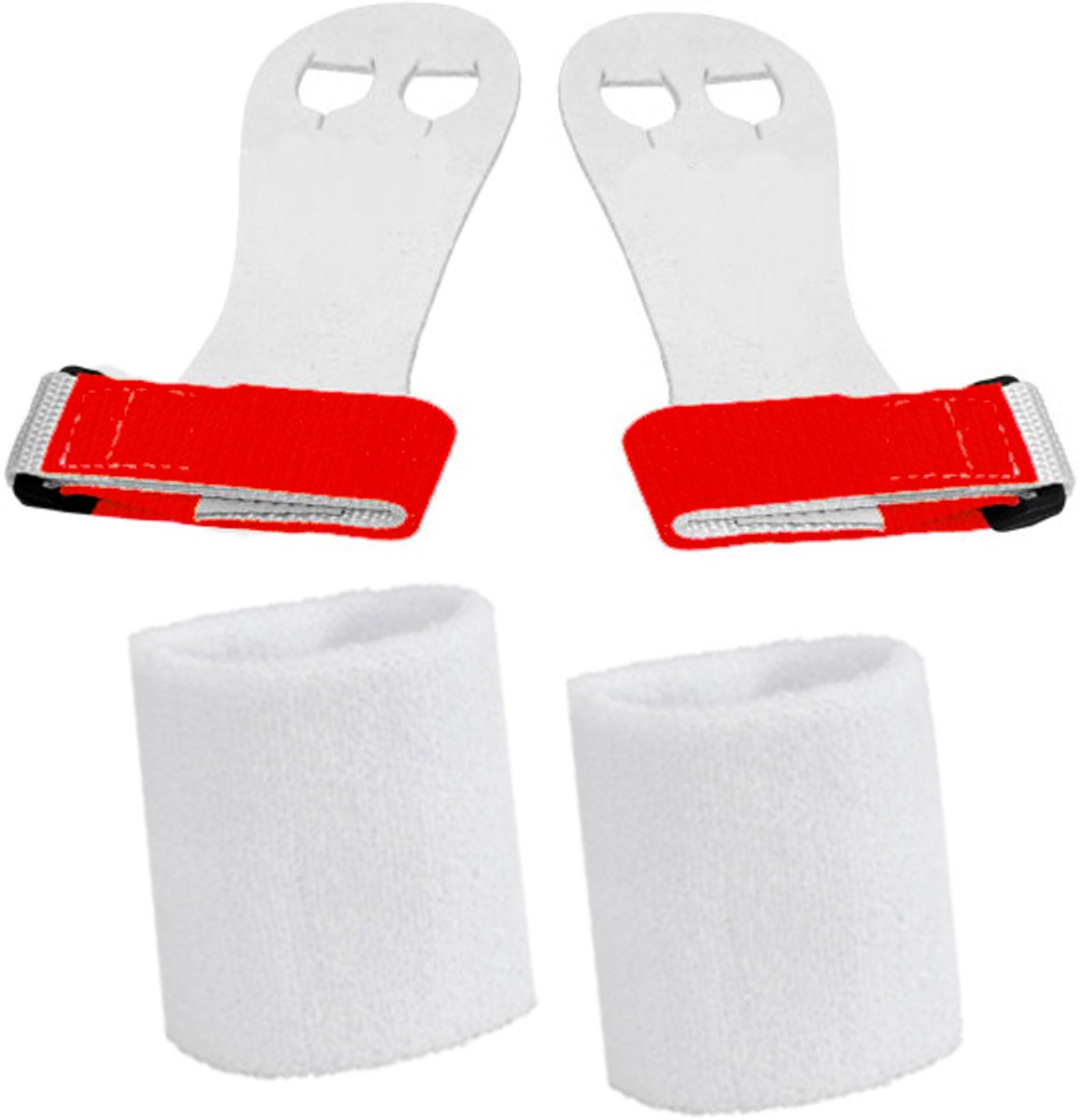 Turnleertjes Bailie Rood maat 3/L (1 paar) met Korte Witte Polsbanden (1 paar) Turnen Gymnastiek Beginners Leertjes Grips Turnen Gymnastiek Crossfit Leer Bescherming Handen Brug Rekstok Ringen