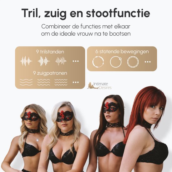 Vier vrouwen met maskers en beha's, met tekst "Tril, zuig en stootfunctie" en iconen voor "9 trilstanden", "9 zuigpatronen", "6 stotende bewegingen".