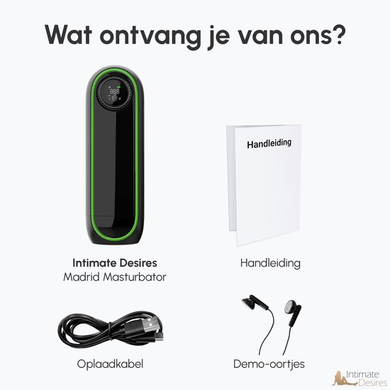 Zwarte masturbator, oplaadkabel en oortjes. Tekst "Wat ontvang je van ons?" en "Handleiding".