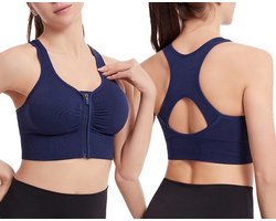 Sportbeha met voorsluiting - Maat M - Sport BH met rits - Fitness BH - Beha zonder beugel - Ondergoed dames - Sport kleding - Kledij – Bra – Blauw - LOUZIR