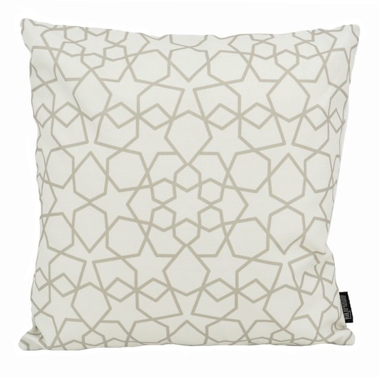 Coussin blanc avec un motif d'étoiles gris continu, avec étiquette de marque.