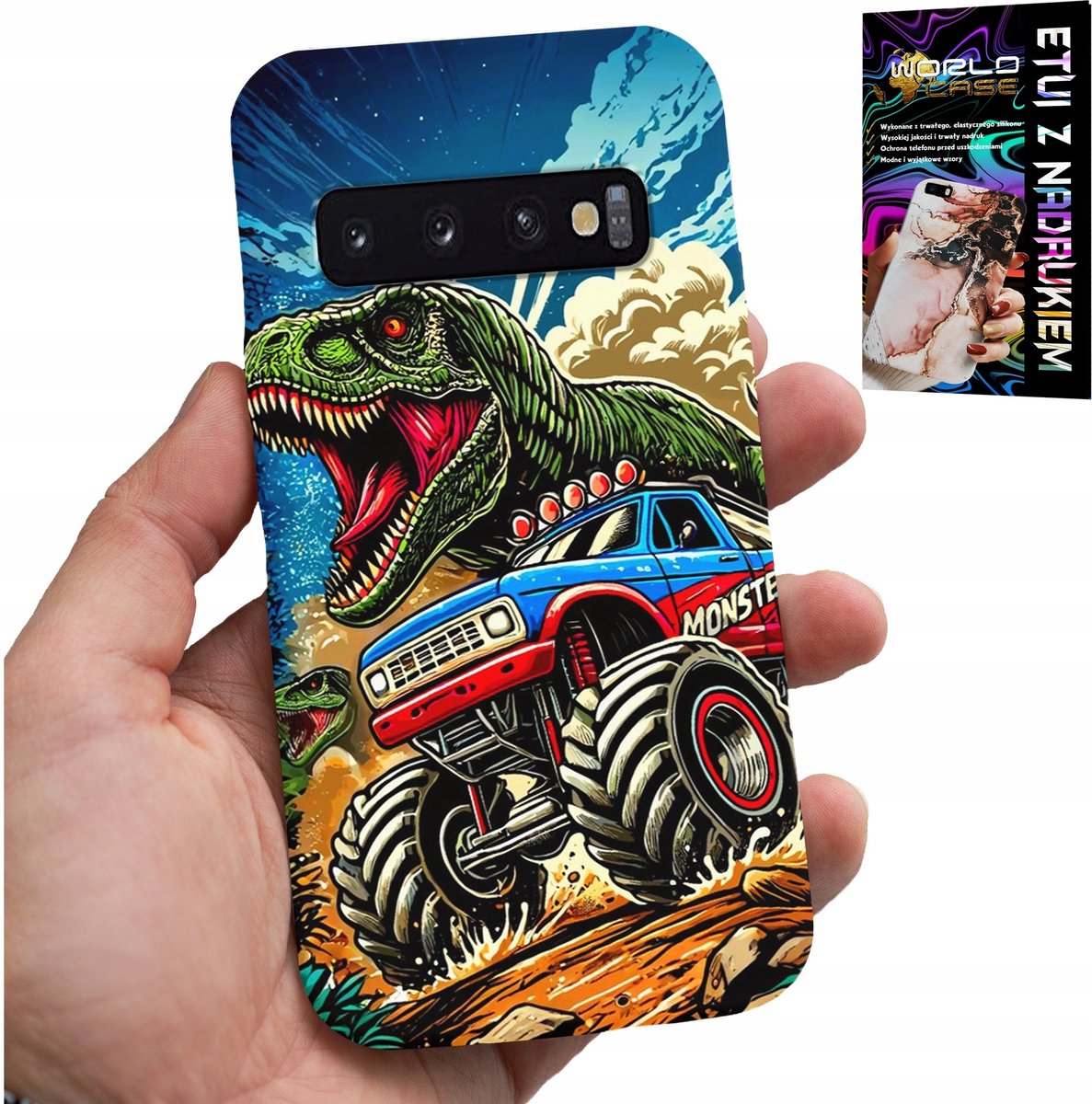 SAMSUNG GALAXY S10 HOESJE - DINOSAURUS IN MONSTERTRUCK PATROON VOOR KINDEREN
