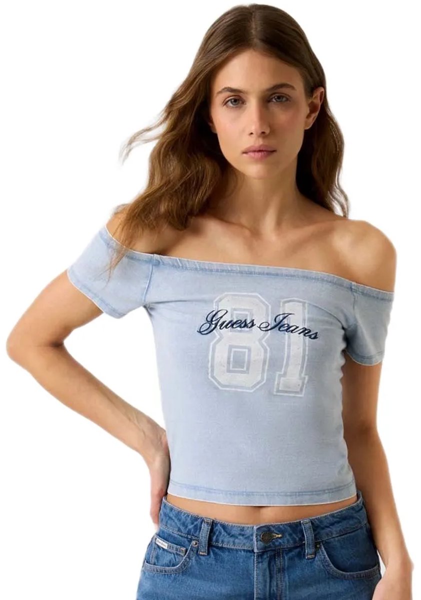 Guess Jeans Off Shoulder 81 Baby T-shirt Met Korte Mouwen Blauw L Vrouw