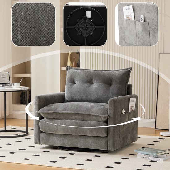 360° draaibare relaxstoel met armleuningen – Geschikt voor de woonkamer, slaapkamer, studeerkamer en kantoor – Ruime eenpersoonsbank in moderne stijl – Fauteuil met kussens – Ideaal om te ontspannen en te genieten