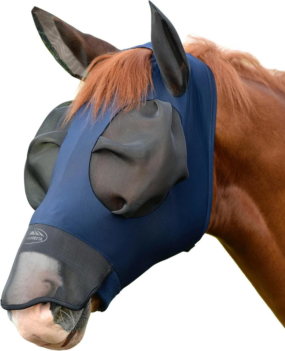 Vliegenmasker Paard - Insectenmasker Oogbescherming - Bescherming Tegen Vliegen - Met Oren En Neus - Maat Cob - Marineblauw Zwart