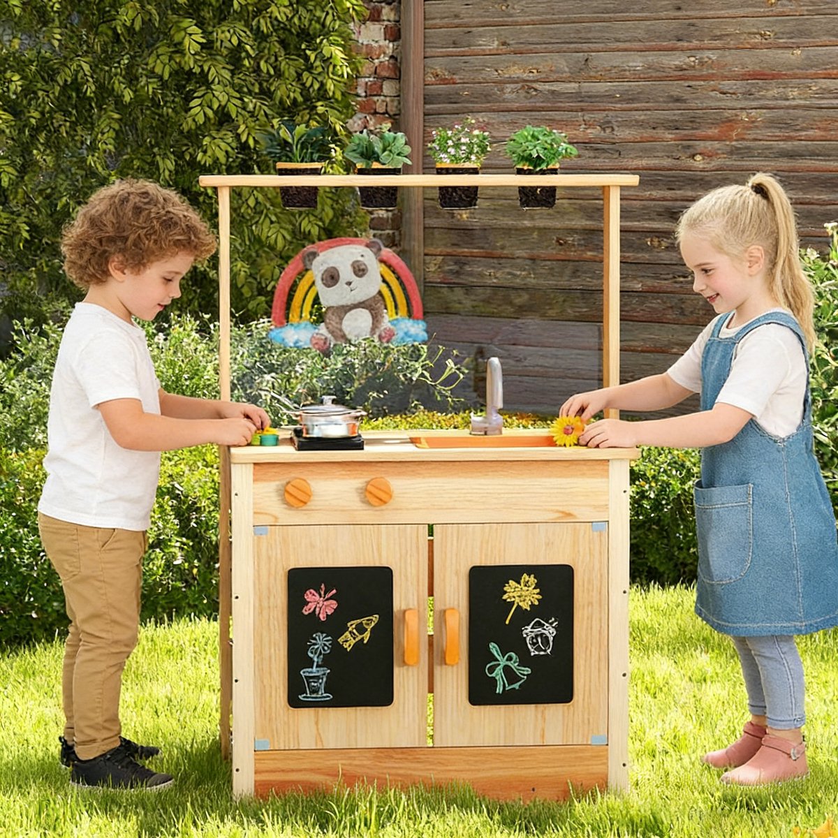 KOMFOTTEU Modderkeuken Houten - speelkeuken outdoor - met plantenpotten, kookplaten, afneembare spoelbak, krijtborden en accessoires - buitenkeuken - buiten speelkeuken - -voor tuin en binnenplaats - voor kinderen — afbeelding 3