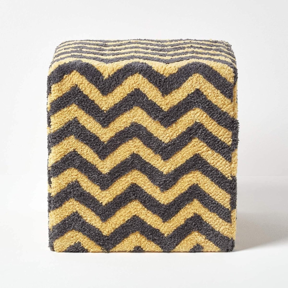 Katoenen Kubus Poef - Voetenbankje Zetel - Extra Zitplek - Handgemaakt Patroon - 36x36x38 cm - Grijs Geel