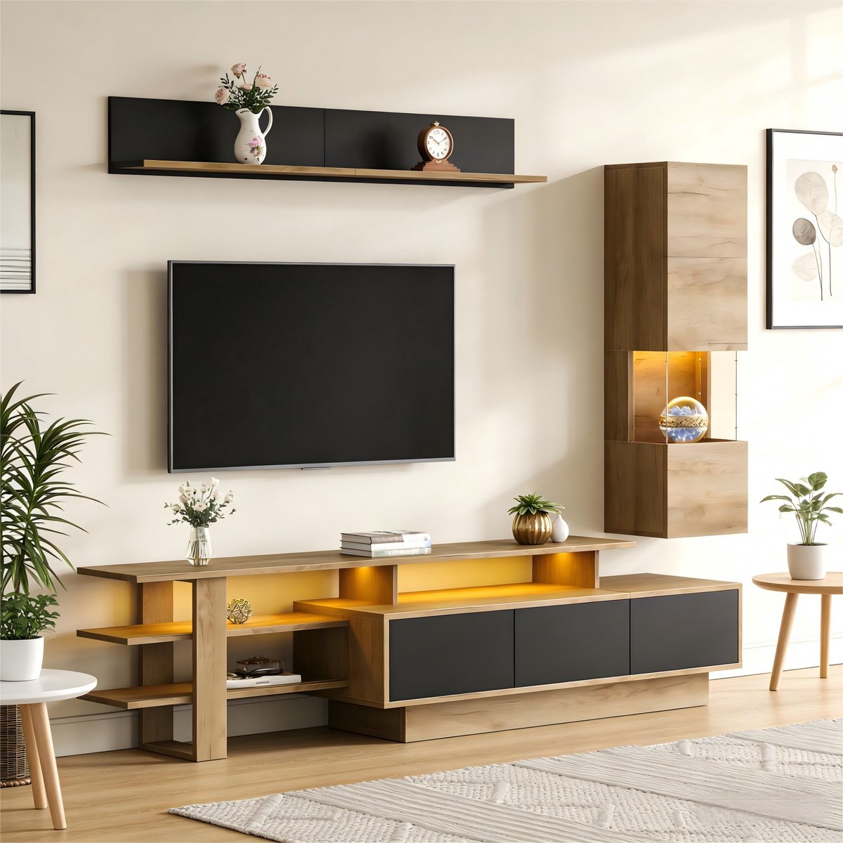 OKWISH TV-Meubelset – 3-Delig Met Led En Vitrine – Voor Woonkamer – MDF Acryl Naturel Zwart – 180×40×45 cm Natuurlijk