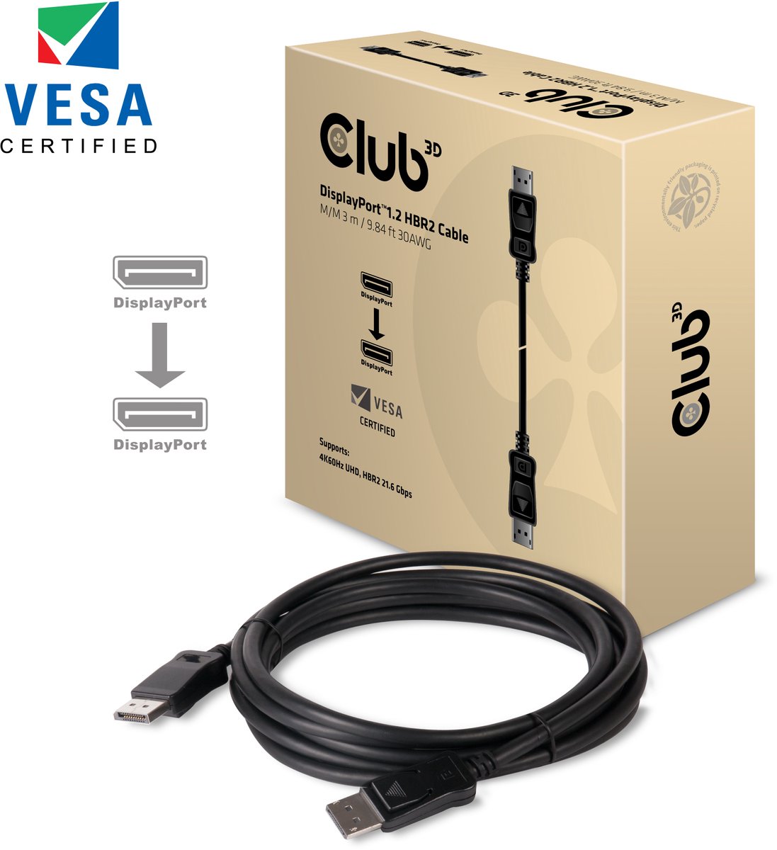 Club 3D DisplayPort™ 1.2 Kabel HBR2 M/M 3m/9,84ft 30AWG