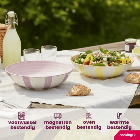 Buiten picknick met kommen, salade en brood. Kom met roze en witte strepen.