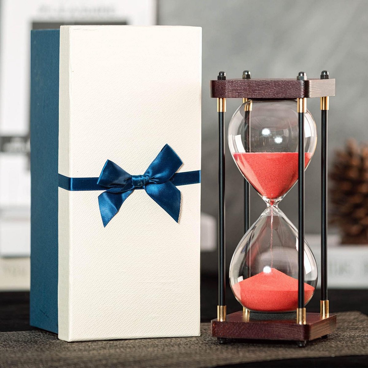 Grote Zandloper Timer - Decoratieve Zandklok - Tijd Meten - Houten Basis - 25cm Hoog - Rood Zand
