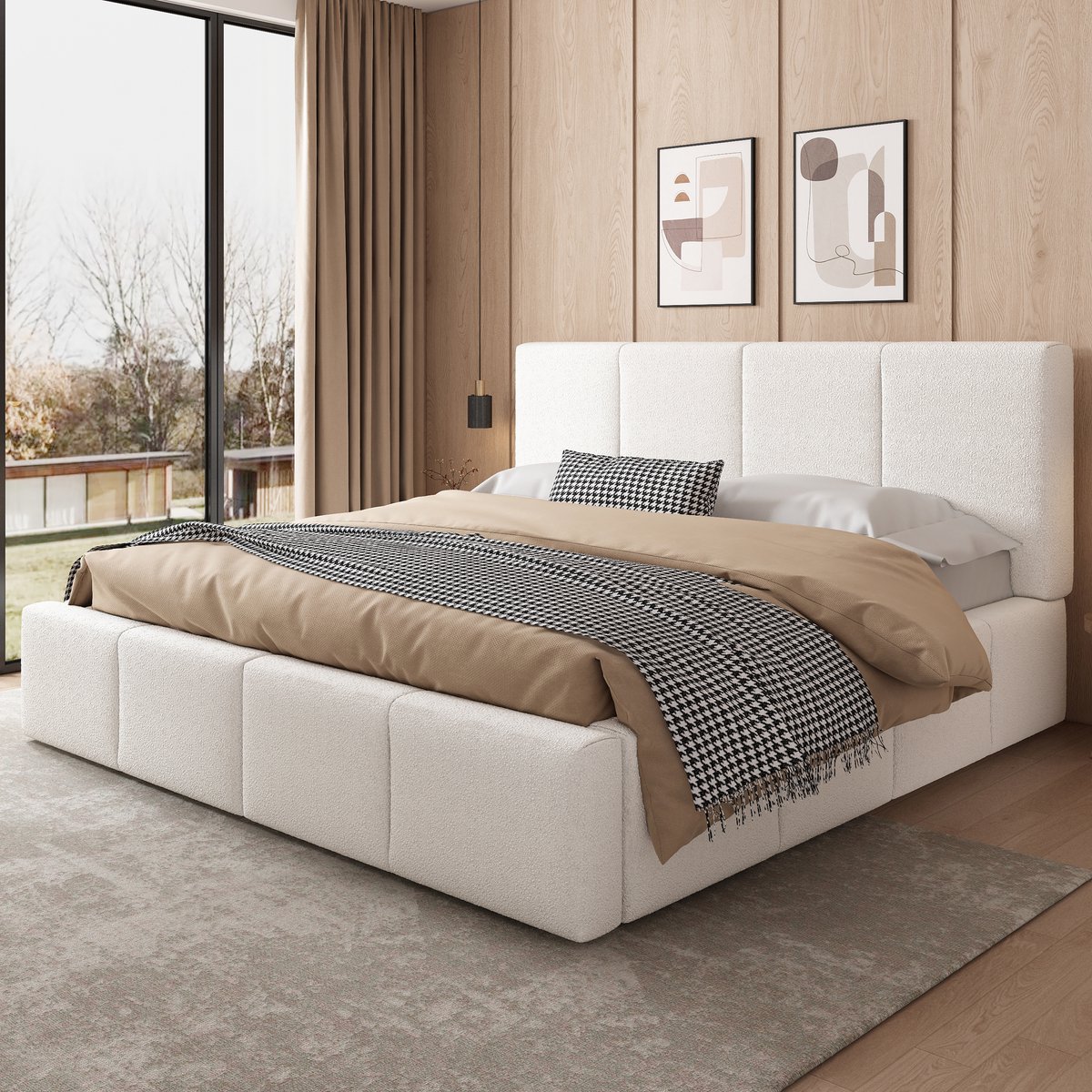 MODENUIT Gestoffeerd bed 180x200 cm – Tweepersoonsbed met lattenbodem – Hoofdbord in bouclé – Zonder matras – Beige