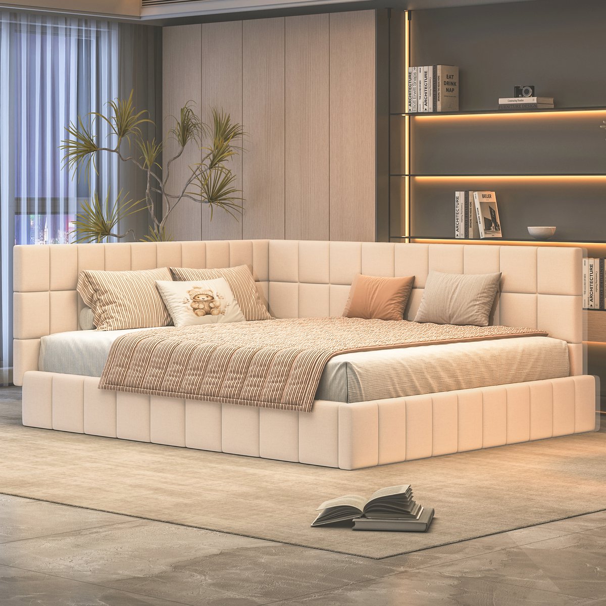 MODENUIT Gestoffeerd dagbed 160x200 cm – Bed en Bank met Lattenbodem – Verwisselbare Rugleuning – Zonder matras – Beige