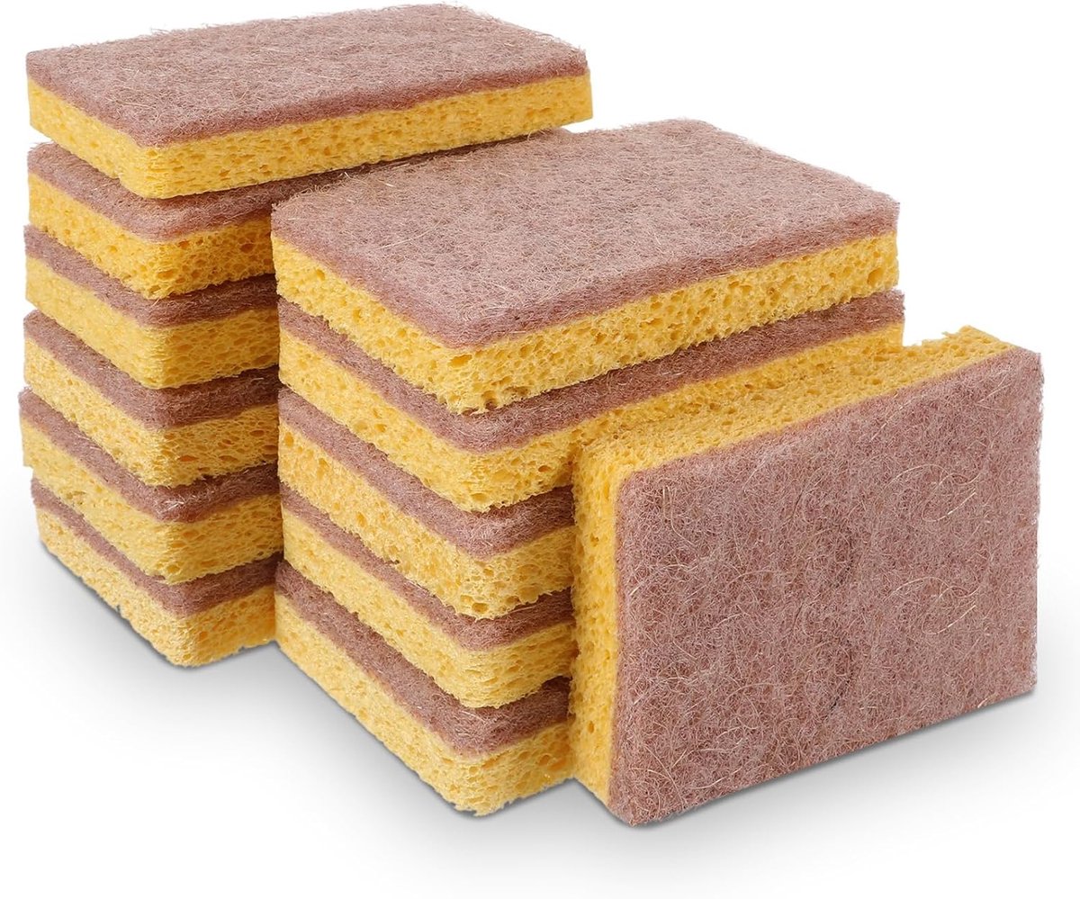 Natuurlijke-Schuursponzen - 12-Stuks - Biologisch-Afbreekbaar - Plasticvrij - Kokosvezel-&-Houtpulp - Anti-Kras-Vaatdoek - Keuken