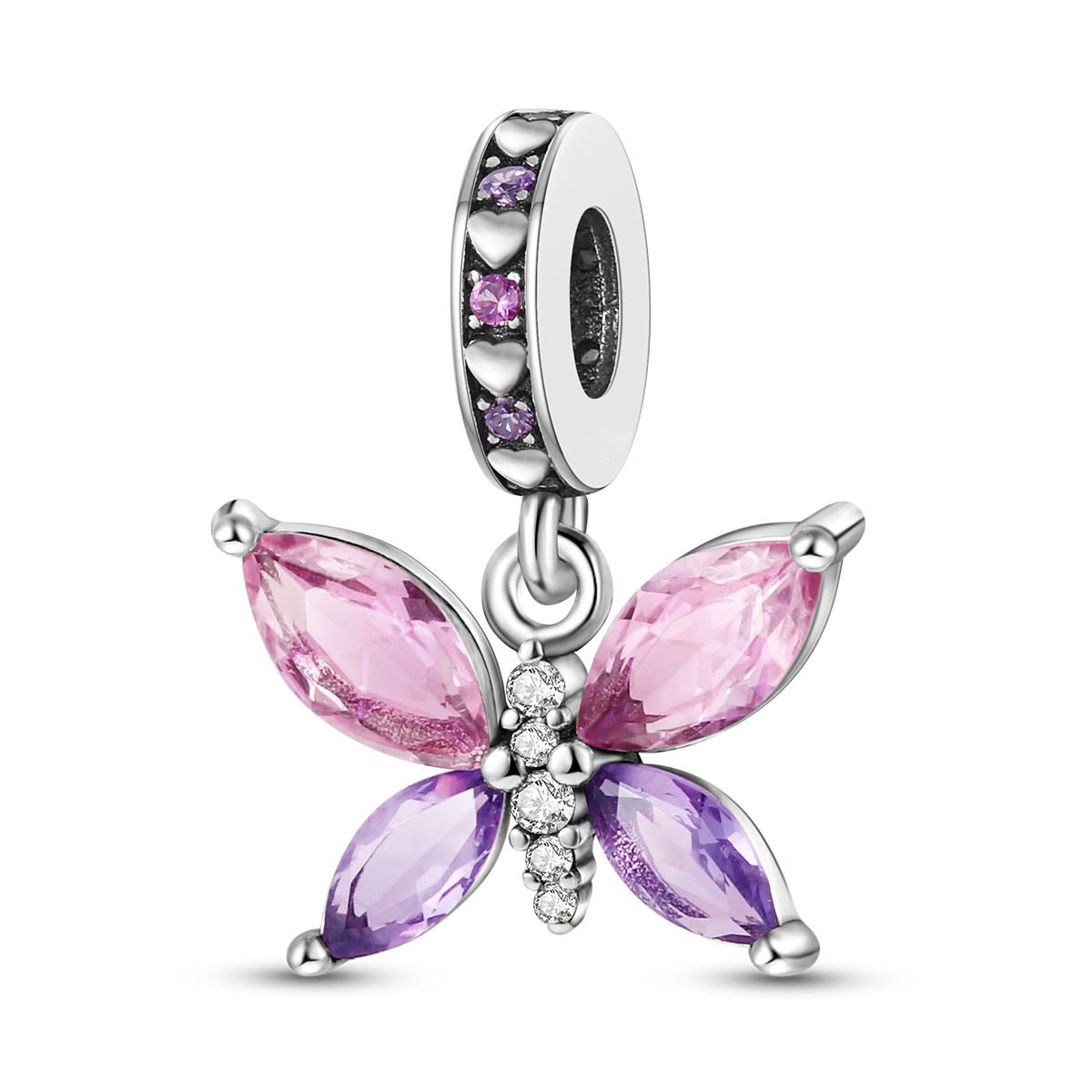Fler® | Bedel | Past op populaire bedelarmbanden (standaard - 3mm) | Vlinder Bedel | Hangbedel Charm | 925 sterling zilver | Roze & Paarse Zirkonia | Valentijnsdag Cadeau | Sinterklaas kado | Kerstcadeau | Verjaardagsgeschenk | Vriendschap