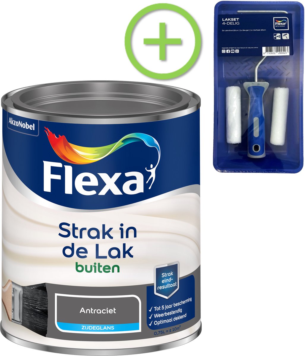 Flexa - Strak In De Lak Buitenlak Zijdeglans - Antraciet - 750 Ml + Gratis Flexa Lakset 4-Delig