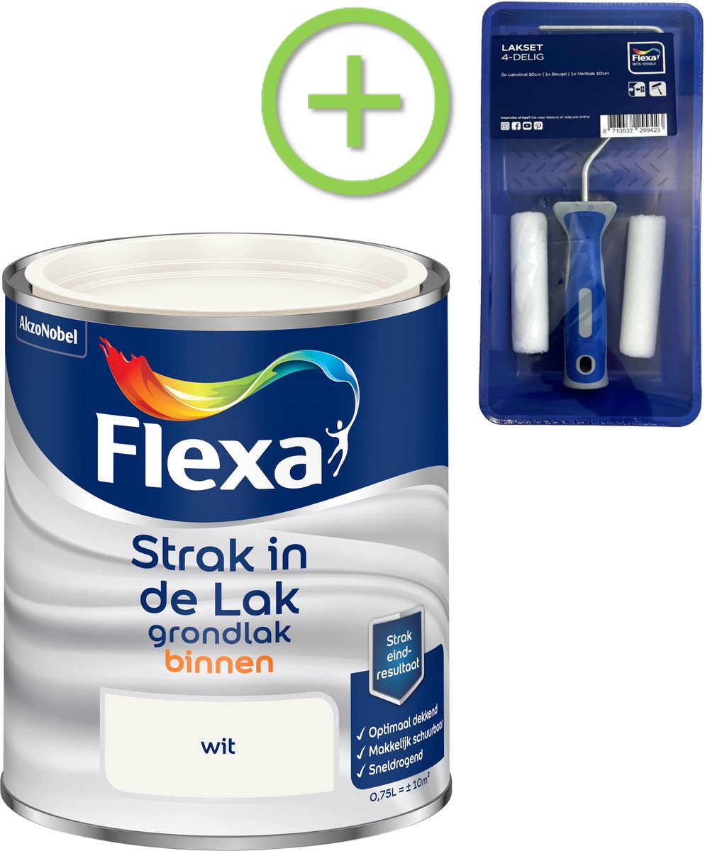 Voordeelpakket Flexa Strak In De Lak - Grondlak Binnen - Wit - 750 ML + Lakroller - 4 Delig