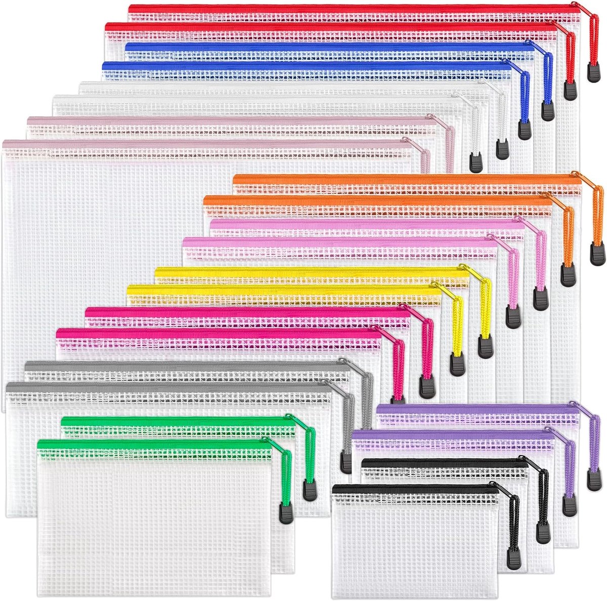 Mesh Rits Zakjes - Opbergzakjes Organizers - Veelzijdig Gebruik - Waterdicht Materiaal - 24 Stuks 8 Maten - 12 Kleuren Mix