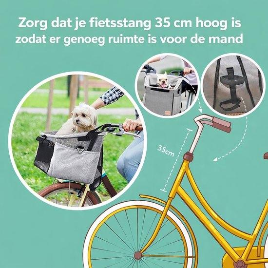 Illustratie van een fietsmand voorop een fiets met een hond erin. "Zorg dat je fietsstang 35 cm hoog is zodat er genoeg ruimte is voor de mand"