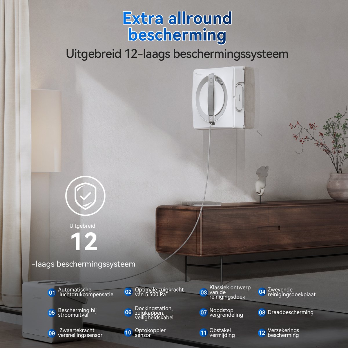 Ecovacs Winbot W2 Pro Omni Robot Ramenreiniger - Ramenwasser - Ruitenreiniger - WIN-SLAM 4.0 Intelligente Routeplanning - 6-In-1 Multifunctioneel Station - 12-Traps Veiligheidssysteem - Dubbele Stroommodus - Voor Ramen - Spiegels - Glazen Deuren thumbnail 3
