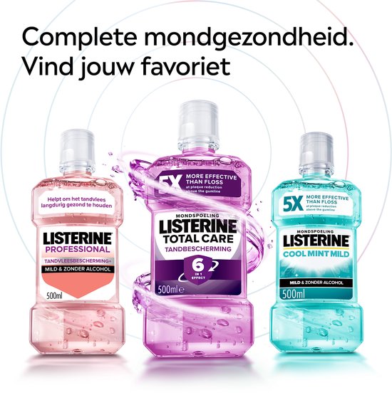 Drie Listerine mondspoelingen: Professionnel (roze), Total Care (paars), Cool Mint Mild (blauw). Allemaal 500ml.