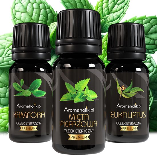 Drie flesjes Aromaholik met etiketten 'Kamfora', 'Mieta Pieprzowa', 'Eukaliptus' tegen een achtergrond van groene muntbladeren.