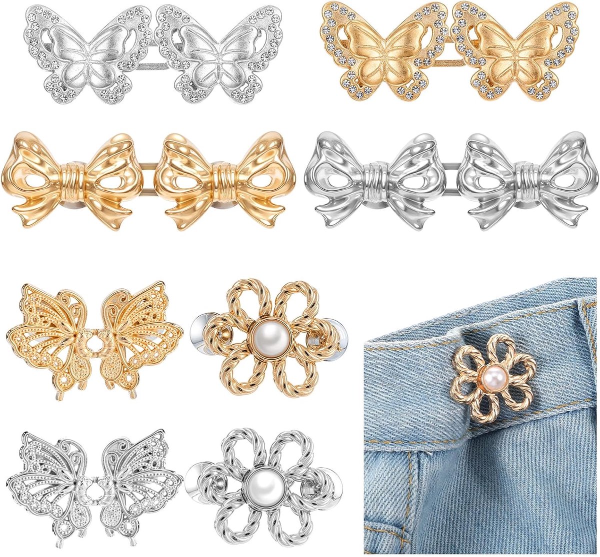 Set van 8 modieuze jeansknopen, tailleband, strakke, verstelbare broeken, strakke, vlinder tailleknopen, damesdrukknopen, naaivrij voor jeansjurken (4 stijlen) | Cyslmuk®