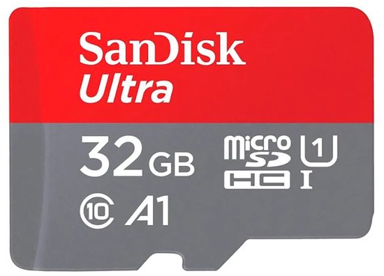 SanDisk 32 GB Ultra microSD-kaart met rode en grijze kleurstelling.