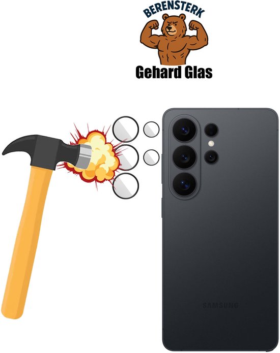 Zwarte Samsung telefoon met vier cameralenzen en drie ronde glasbeschermers. Hamer slaat op glas naast telefoon.