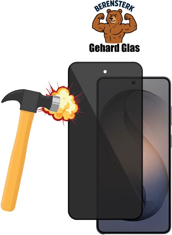 Zwarte telefoon met 'Gehard Glas' logo, waaronder een gehard glas protector wordt geslagen met een hamer.