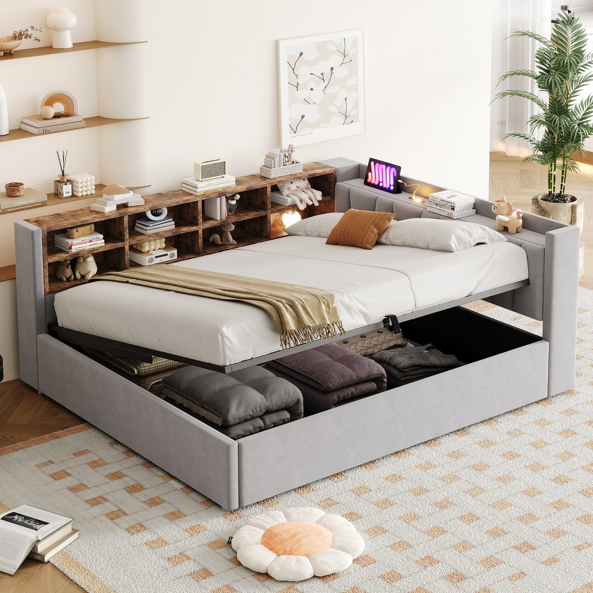 MODENUIT Slaapbank 140x200 cm – Zonder matras – Hoofdbord met nachtlicht en laadfunctie – Hydraulische opbergruimte – Lichtgrijs