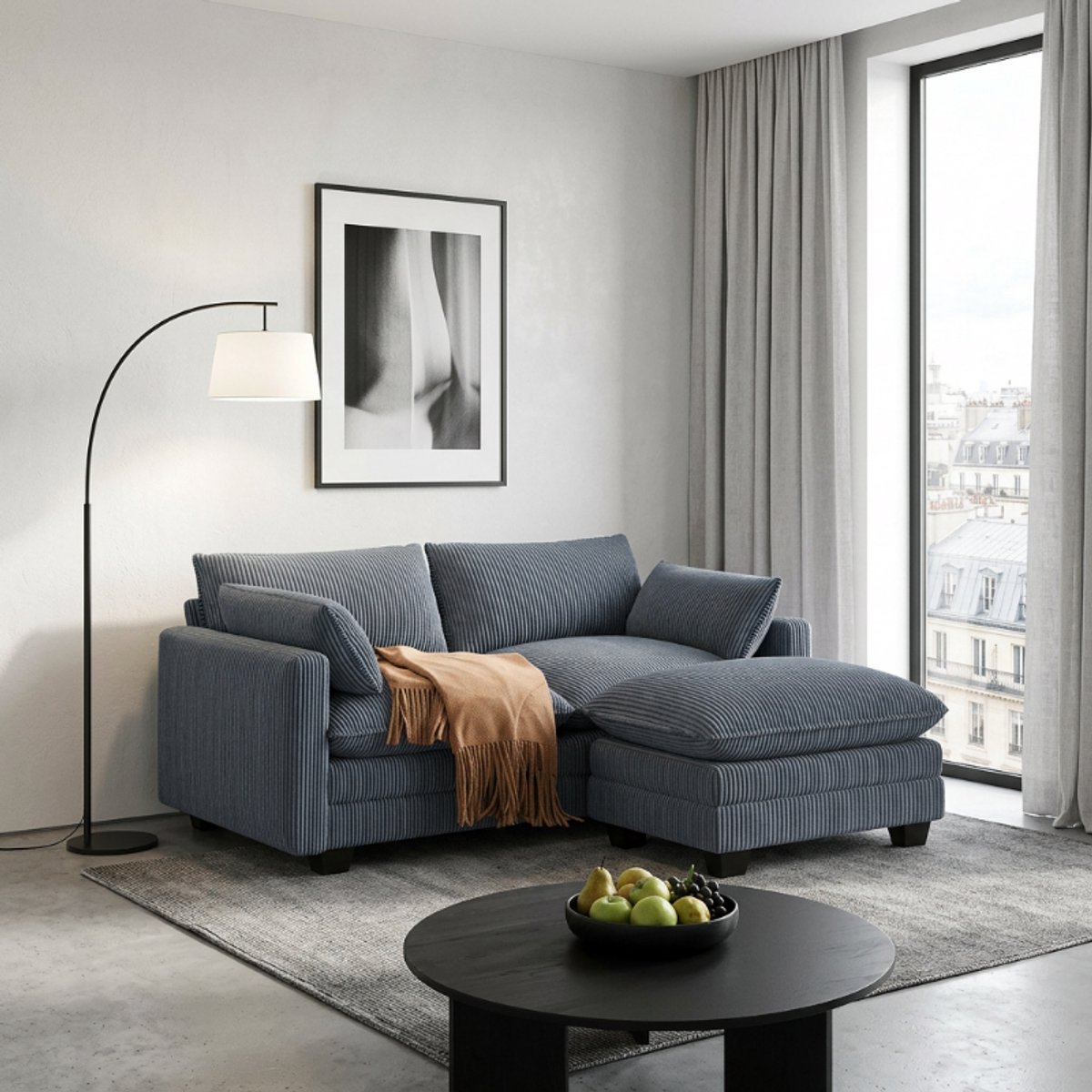 Bealife AR88 2-zits bank - Modulaire bank – L-vorm, ribcord – Inclusief 2 kussens, 2 armleuningen en 1 verstelbaar voetenbankje – 168 cm breed – Donkergrijs