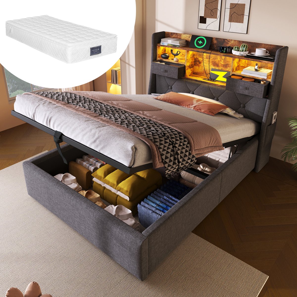 MODENUIT Gestoffeerd bed 90x200 cm – Met matras – LED-hoofdbord met laadpoorten – Hydraulische opbergruimte – Grijs