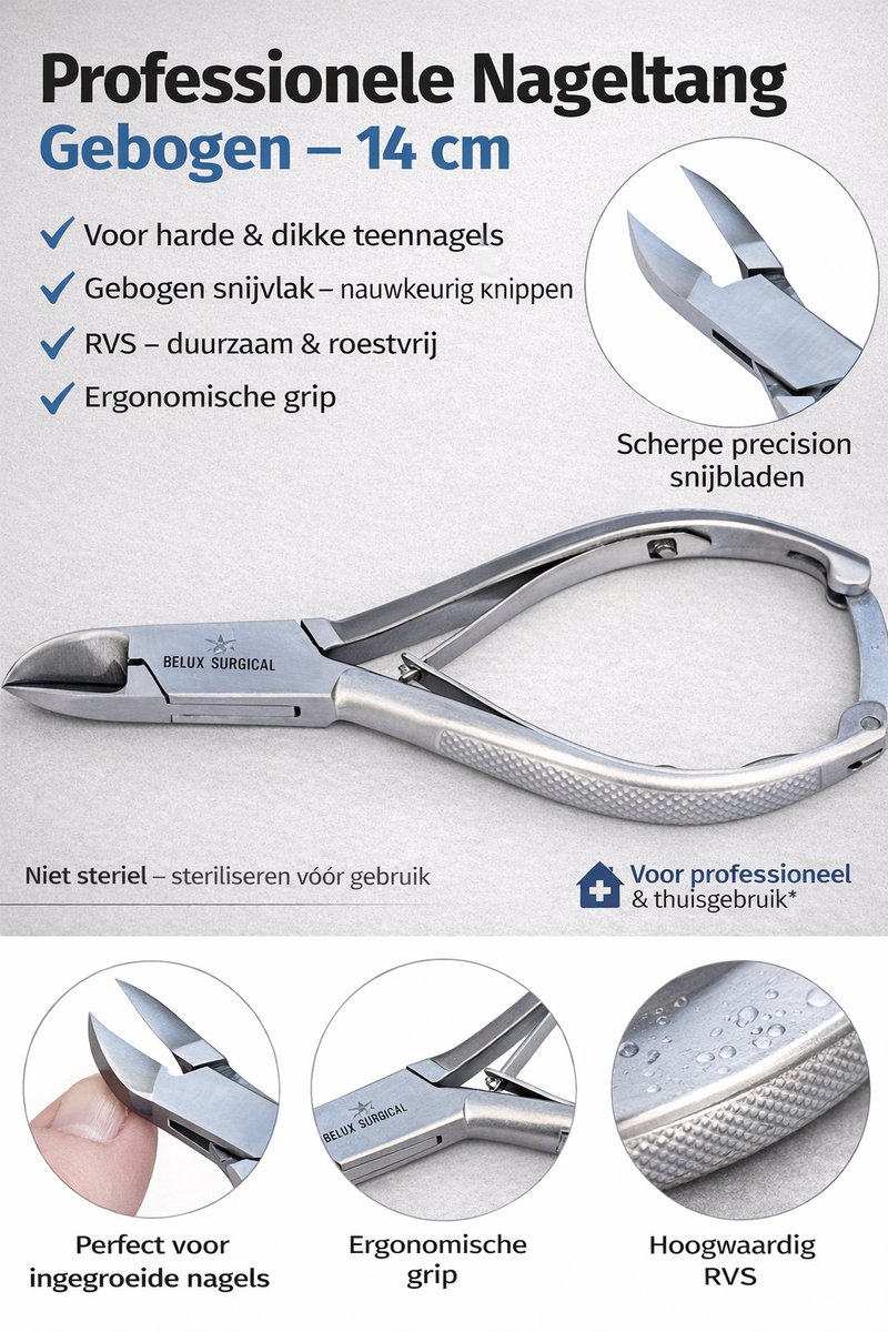 Belux Surgical Instruments / Professionele Nageltang Gebogen – Voor Harde & Ingegroeide Teennagels – RVS – 14 cm – Ergonomisch Handvat