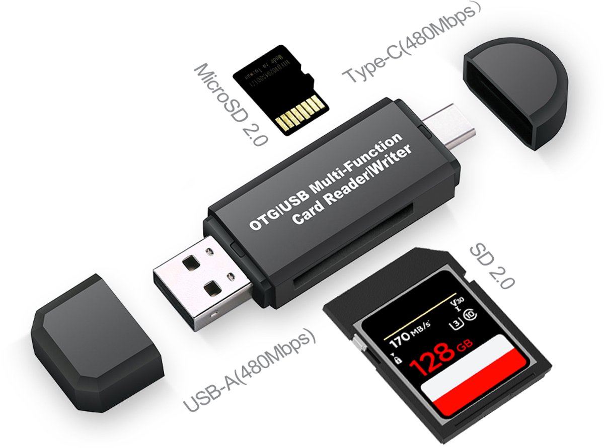 4-in-1 Kaartlezer - USB-C en USB-A - SD en microSD kaartlezer - OTG Cardreader voor Laptop, Smartphone & Tablet - Aluminium Behuizing - Zwart