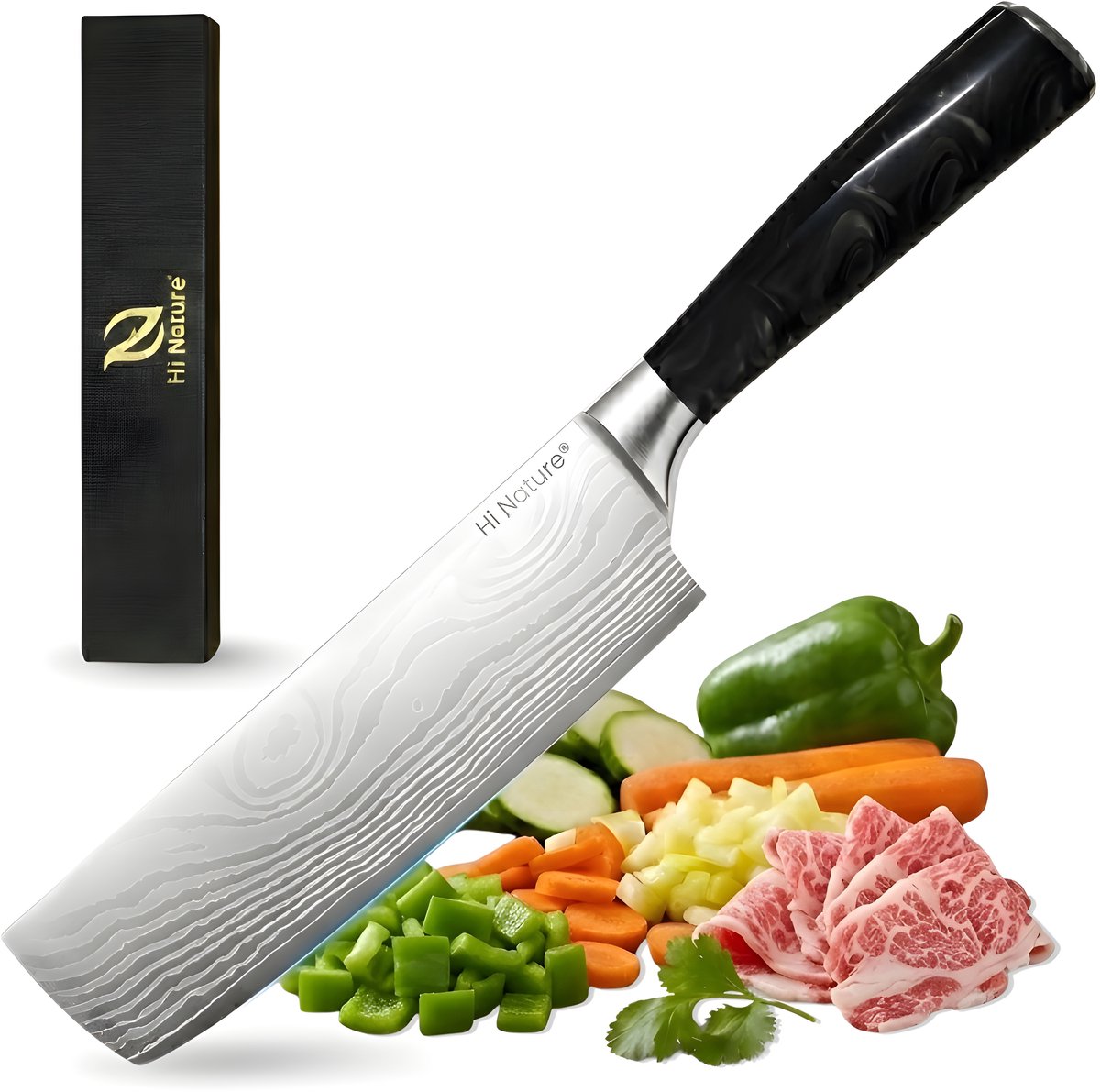HI NATURE™ Koksmessen - Professioneel Nakiri Mes 17 CM Lemmet - Koksmes japans - Chef knife Damascus Patroon - Hakmes - Keuken Mes - Japans Snijmes | Ergonomisch Handvat keukenbijl - Japanse messen - Zwart