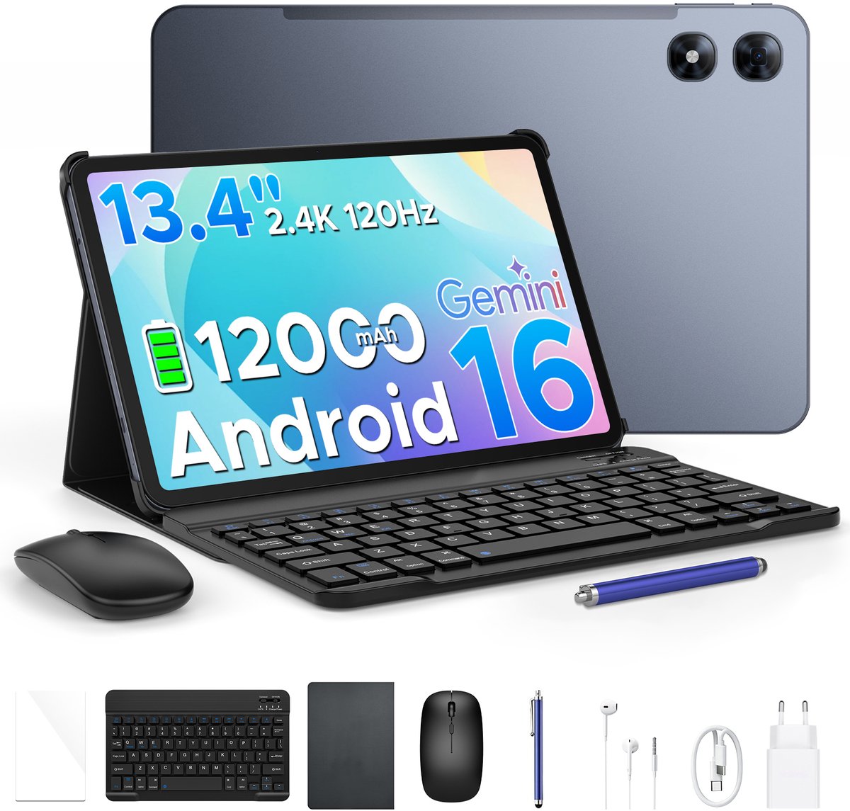 POCKAM P13 Pro Tablets - 12 GB RAM + 256 GB ROM (2 TB/TF) - 13,4 inch tablet FHD+ 120 Hz – Android 16 - UNISOC T7280 - 12000 mAh/18W - 4G LTE - Wi-Fi 5 - Bluetooth 5.0 - Inclusief toetsenbord, muis, Stylus en hoesje - Dubbele luidsprekers - Grijs