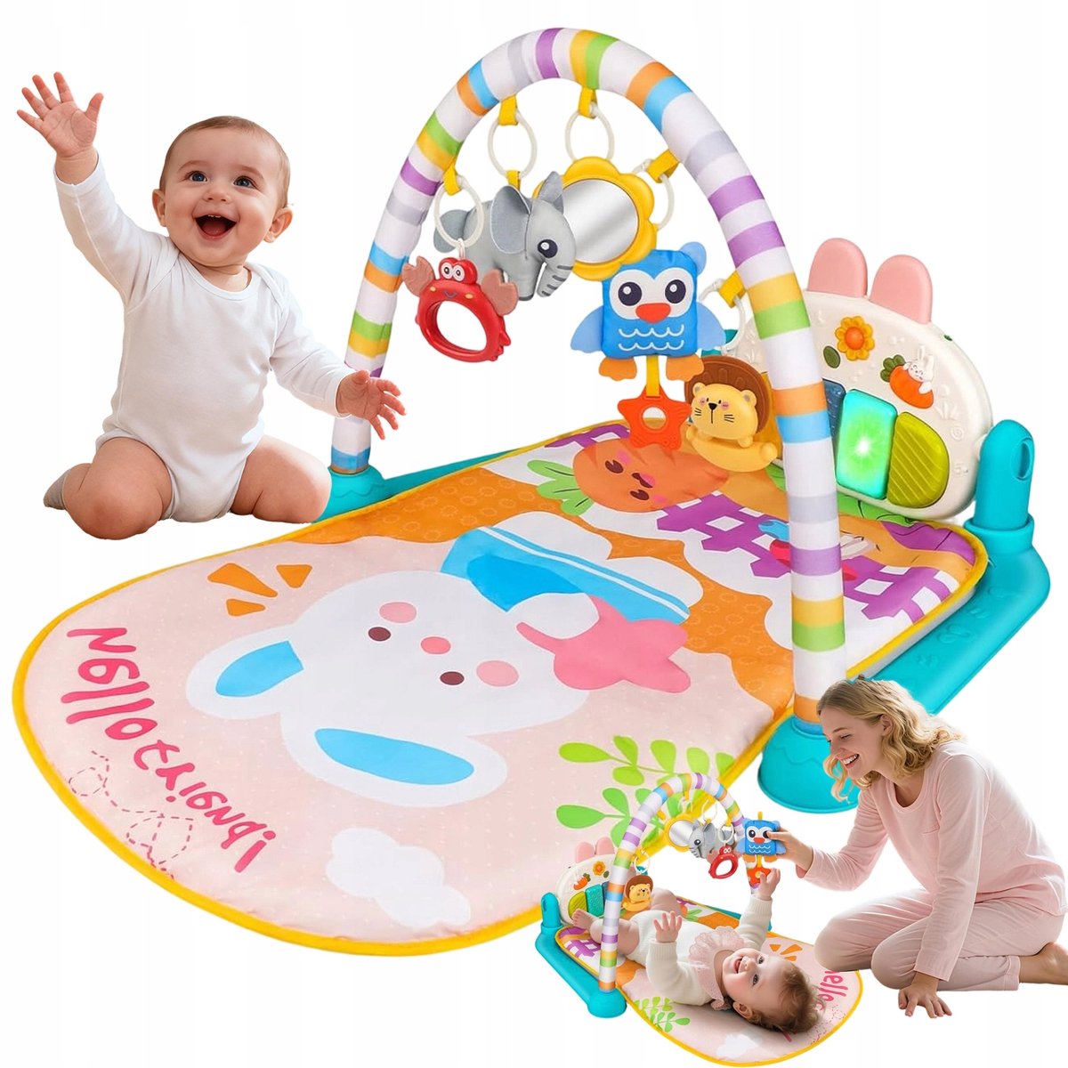 Baby Speelmat - Baby Gym - Baby kruipmat - 5-in-1 Muziekspeelmat met Piano - Blauw - 45x75cm - Met 5 Afneembare Hangers & Sensor - Voor Baby's 0m+ & Zuigelingen